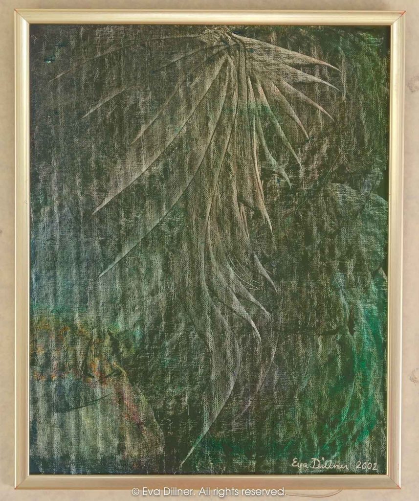 A133 35x43cm ©2002 Eva Dillner. Privat samling Sverige. "Jag älskar harmonin och lugnet i tavlan, samtidigt som den uttrycker kraft. En tavla som verkligen sätter betraktarens fantasi i fokus, och som kan tolkas ur oändliga perspektiv."