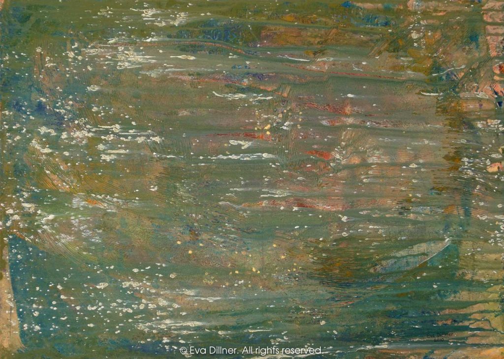 Den sjunkna ekan. C318 70x50cm ©2010 Eva Dillner. Inköpt av Ydre kommun. "Den "passar" Ydre då många här är mycket roade av båtar och fiske. Många som säger sig vara ovana vid konst upplever också en tillfredsställelse då de plötsligt i något som de trodde var non-figurativt upptäcker ekan! Den är en utmärkt "mingeltavla", "tänke-tavla" som kan ge lite liv vid kommunens nya ljusa vackra sammanträdesrum."