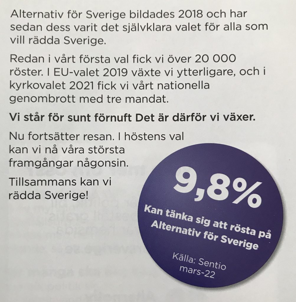 9,8 procent kan tänka sig att rösta på Alternativ för Sverige